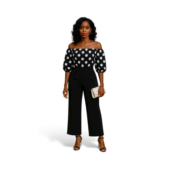 Pants - Black & White Polka Dot Off-Shoulder Jumpsuit | Size L | Tall Girl Friendly